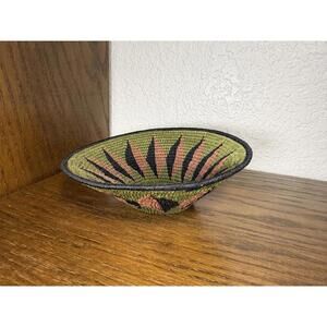Handwoven Shallow Basket, Green and Black Starburst Pattern, Approx. 9in
